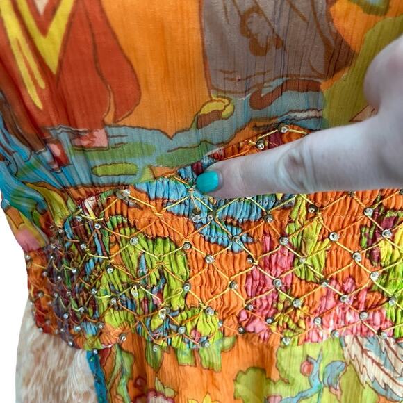 Y2K Boho Beaded Asian Orange Floral Spaghetti Strap Dress size M - Picture 3 of 7